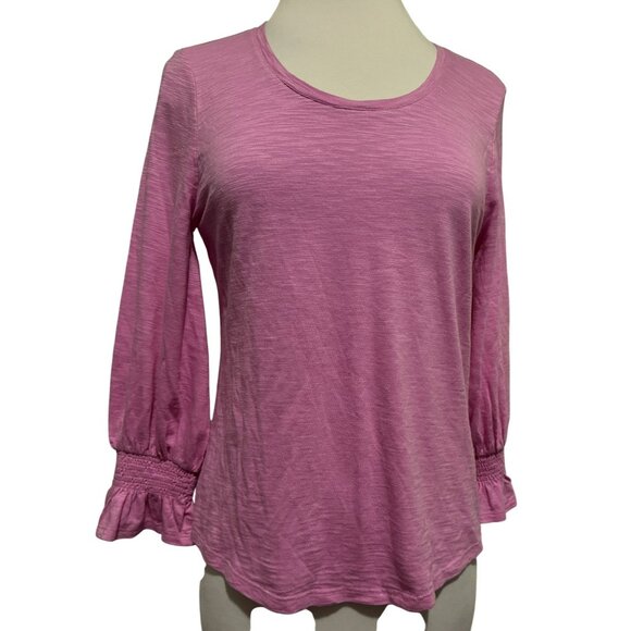 Chico's Sz 1 (S-M) Pink Scoop Neck Smocked Ruffle Sleeve Slub Cotton Blend Tee - Picture 1 of 6